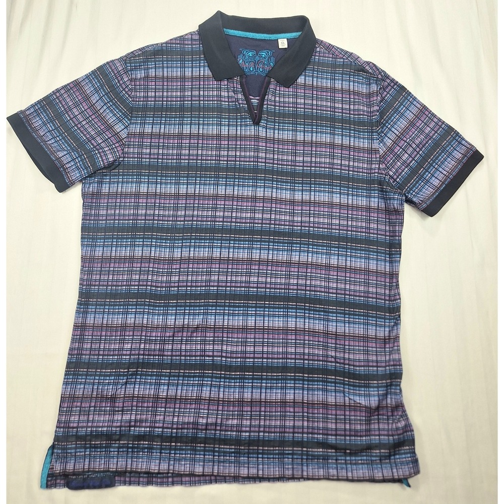 Robert Graham Mens XL Classic Fit Striped V-Neck Polo Shirt Blue Purple Cotton
